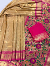 Gold & Hot Pink Paithani Banarasi Soft saree in banarasi soft silk with paithani borders with tanchoi & meenakari — Kaash Collection