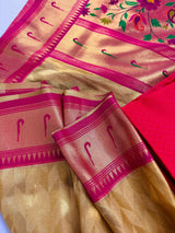 Gold & Hot Pink Paithani Banarasi Soft saree in banarasi soft silk with paithani borders with tanchoi & meenakari — Kaash Collection