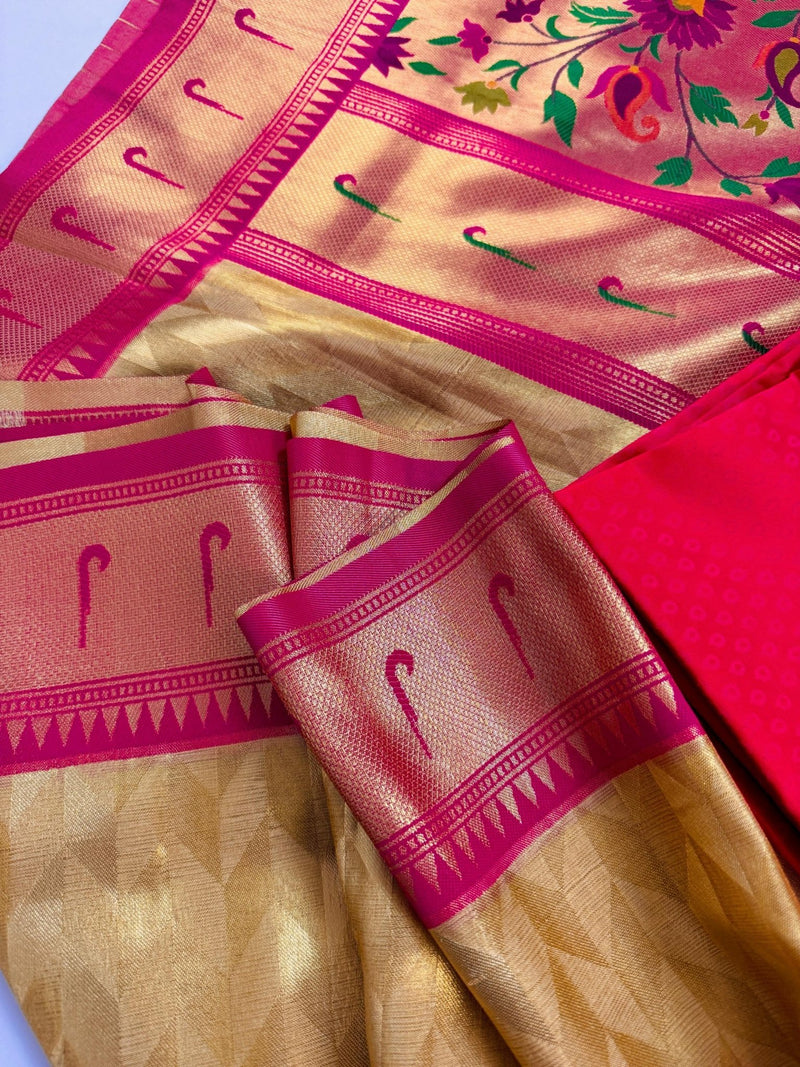 Gold & Hot Pink Paithani Banarasi Soft saree in banarasi soft silk with paithani borders with tanchoi & meenakari — Kaash Collection