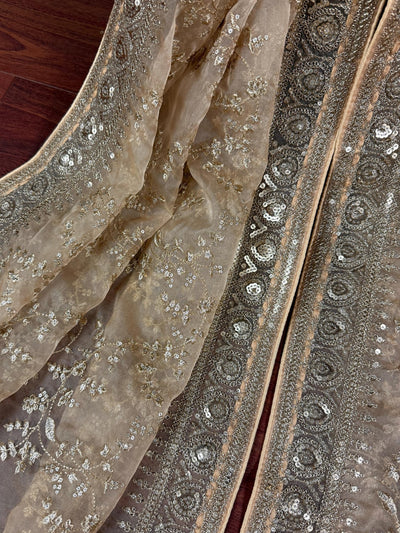 Statement Gold Beige Color Organza Silk Dupatta with Muted Gold Zari, Embroidery and Sequin - Kaash
