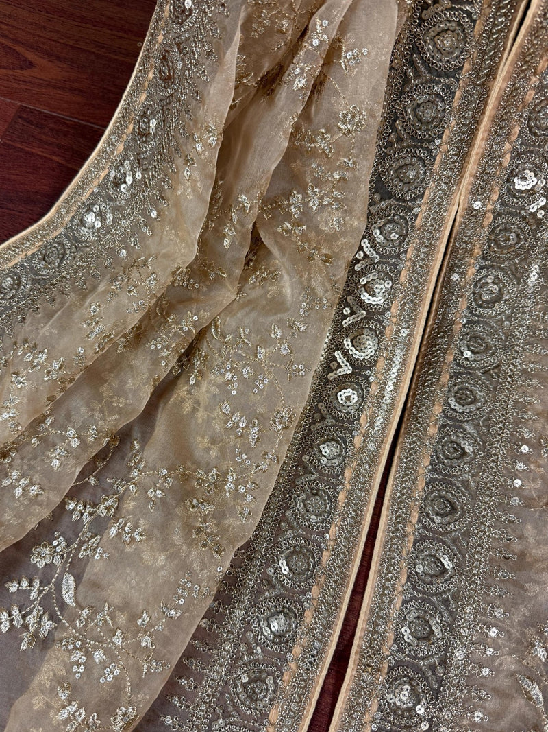 Gold Beige soft organza silk dupatta with muted gold zari, embroidery & sequin — Kaash Collection