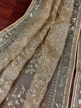 Gold Beige soft organza silk dupatta with muted gold zari, embroidery & sequin — Kaash Collection