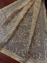 Gold Beige soft organza silk dupatta with muted gold zari, embroidery & sequin — Kaash Collection