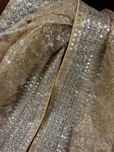 Gold Beige soft organza silk dupatta with muted gold zari, embroidery & sequin jaal — Kaash Collection