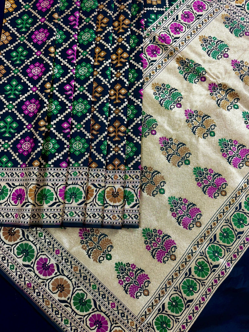 Statement Grand Black Color Patola Pattern Saree with Meenakari and Muted Gold Zari Weave - Kaash