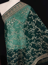 Green soft organza silk dupatta with muted gold zari, embroidery & sequin — Kaash Collection