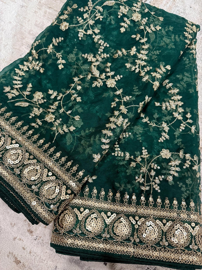 Green soft organza silk dupatta with muted gold zari, embroidery & sequin — Kaash Collection
