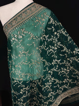 Green soft organza silk dupatta with muted gold zari, embroidery & sequin — Kaash Collection