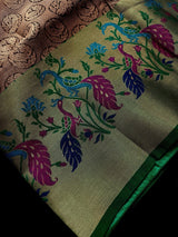Statement Handmade Antique Gold Color Banarasi Brocade Tissue Silk Saree with Meenakari Paithani Border and Peacock Motifs - Kaash