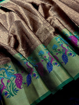 Statement Handmade Antique Gold Color Banarasi Brocade Tissue Silk Saree with Meenakari Paithani Border and Peacock Motifs - Kaash