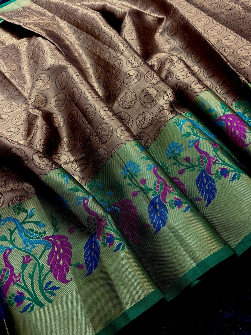 Statement Handmade Antique Gold Color Banarasi Brocade Tissue Silk Saree with Meenakari Paithani Border and Peacock Motifs - Kaash