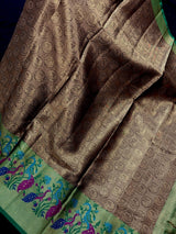 Statement Handmade Antique Gold Color Banarasi Brocade Tissue Silk Saree with Meenakari Paithani Border and Peacock Motifs - Kaash