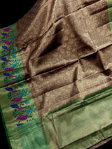 Statement Handmade Antique Gold Color Banarasi Brocade Tissue Silk Saree with Meenakari Paithani Border and Peacock Motifs - Kaash