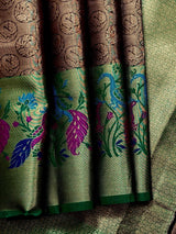 Statement Handmade Antique Gold Color Banarasi Brocade Tissue Silk Saree with Meenakari Paithani Border and Peacock Motifs - Kaash