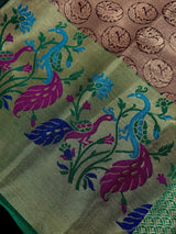 Statement Handmade Antique Gold Color Banarasi Brocade Tissue Silk Saree with Meenakari Paithani Border and Peacock Motifs - Kaash