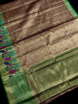 Statement Handmade Antique Gold Color Banarasi Brocade Tissue Silk Saree with Meenakari Paithani Border and Peacock Motifs - Kaash