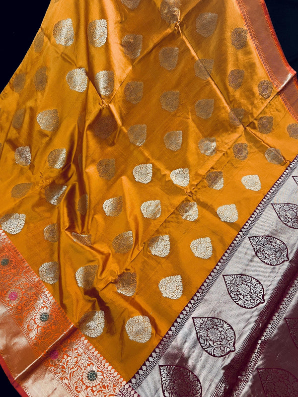 Statement Handmade Antique Gold Color Banarasi Semi Katan Silk Saree - Kaash