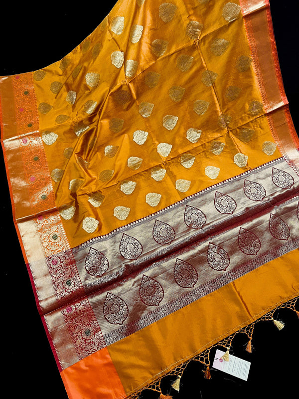 Statement Handmade Antique Gold Color Banarasi Semi Katan Silk Saree - Kaash