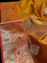 Statement Handmade Antique Gold Color Banarasi Semi Katan Silk Saree - Kaash