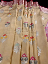 Biscuit with Pink Banarasi saree in banarasi semi katan silk with meenakari with pink border — Kaash Collection