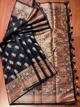 Black banarasi cotton silk saree with antique zari weave — Kaash Collection