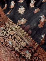 Black banarasi cotton silk saree with antique zari weave — Kaash Collection