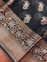 Black banarasi cotton silk saree with antique zari weave — Kaash Collection