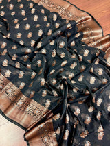 Black banarasi cotton silk saree with antique zari weave — Kaash Collection
