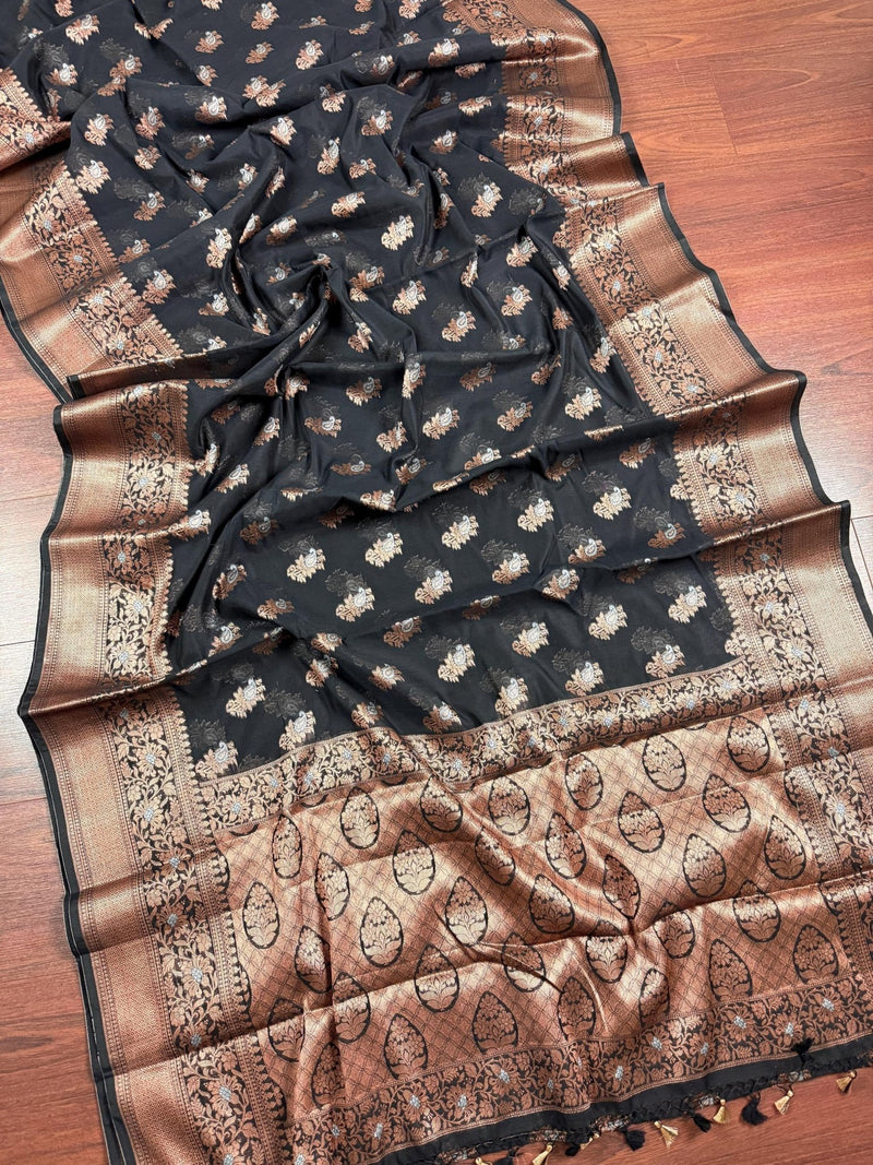 Black banarasi cotton silk saree with antique zari weave — Kaash Collection