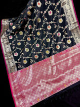 Black Banarasi saree in banarasi semi katan silk with meenakari with muted gold zari floral jaal — Kaash Collection