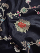 Black Banarasi saree in banarasi semi katan silk with meenakari with muted gold zari floral jaal — Kaash Collection