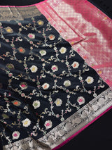 Black Banarasi saree in banarasi semi katan silk with meenakari with muted gold zari floral jaal — Kaash Collection