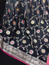 Black Banarasi saree in banarasi semi katan silk with meenakari with muted gold zari floral jaal — Kaash Collection