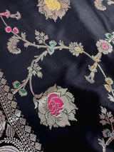 Black Banarasi saree in banarasi semi katan silk with meenakari with muted gold zari floral jaal — Kaash Collection