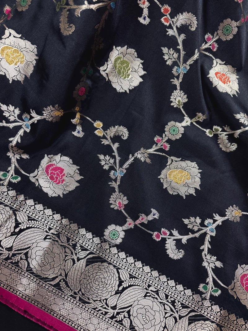 Black Banarasi saree in banarasi semi katan silk with meenakari with muted gold zari floral jaal — Kaash Collection