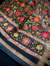 Black Mulmul Cotton Banarasi saree in pure banarasi mulmul cotton with floral kalamkari digital prints with zari borders — Kaash Collection