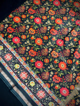 Black Mulmul Cotton Banarasi saree in pure banarasi mulmul cotton with floral kalamkari digital prints with zari borders — Kaash Collection
