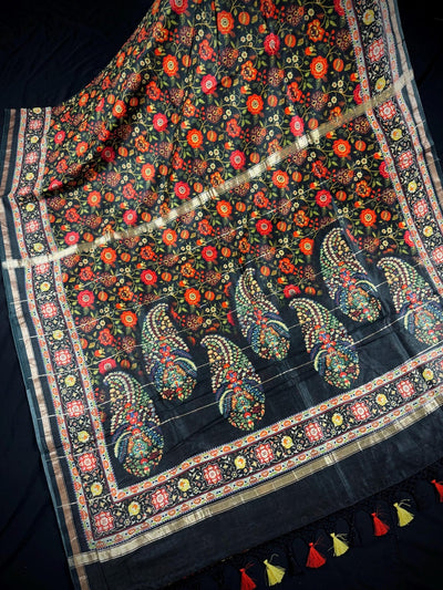 Black Mulmul Cotton Banarasi saree in pure banarasi mulmul cotton with floral kalamkari digital prints with zari borders — Kaash Collection
