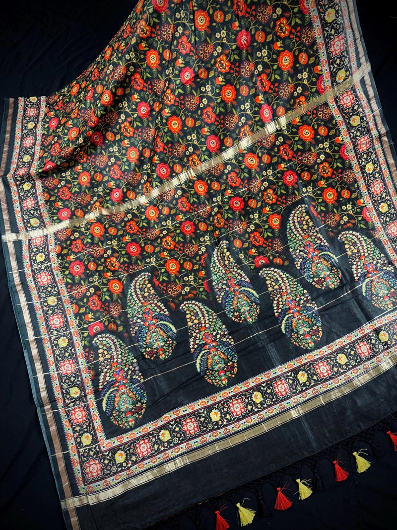 Black Mulmul Cotton Banarasi saree in pure banarasi mulmul cotton with floral kalamkari digital prints with zari borders — Kaash Collection