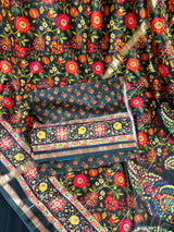 Black Mulmul Cotton Banarasi saree in pure banarasi mulmul cotton with floral kalamkari digital prints with zari borders — Kaash Collection