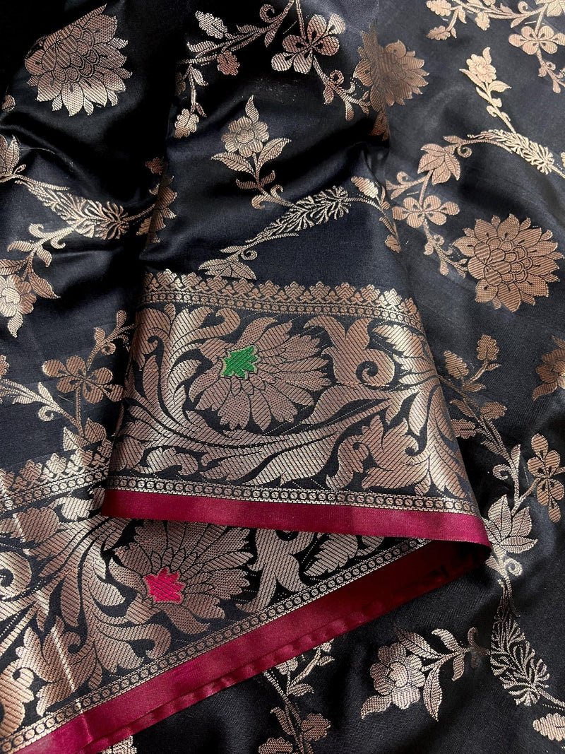 Black Banarasi saree in banarasi semi katan silk with jaal weave with meenakari — Kaash Collection
