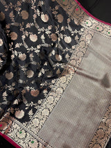 Black Banarasi saree in banarasi semi katan silk with jaal weave with meenakari — Kaash Collection