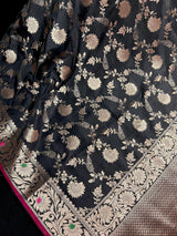 Black Banarasi saree in banarasi semi katan silk with jaal weave with meenakari — Kaash Collection