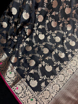 Statement Handmade Black Color Semi Katan Banarasi Silk Saree - Kaash