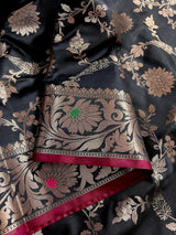 Statement Handmade Black Color Semi Katan Banarasi Silk Saree - Kaash