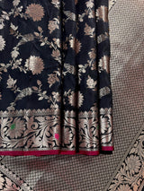 Statement Handmade Black Color Semi Katan Banarasi Silk Saree - Kaash