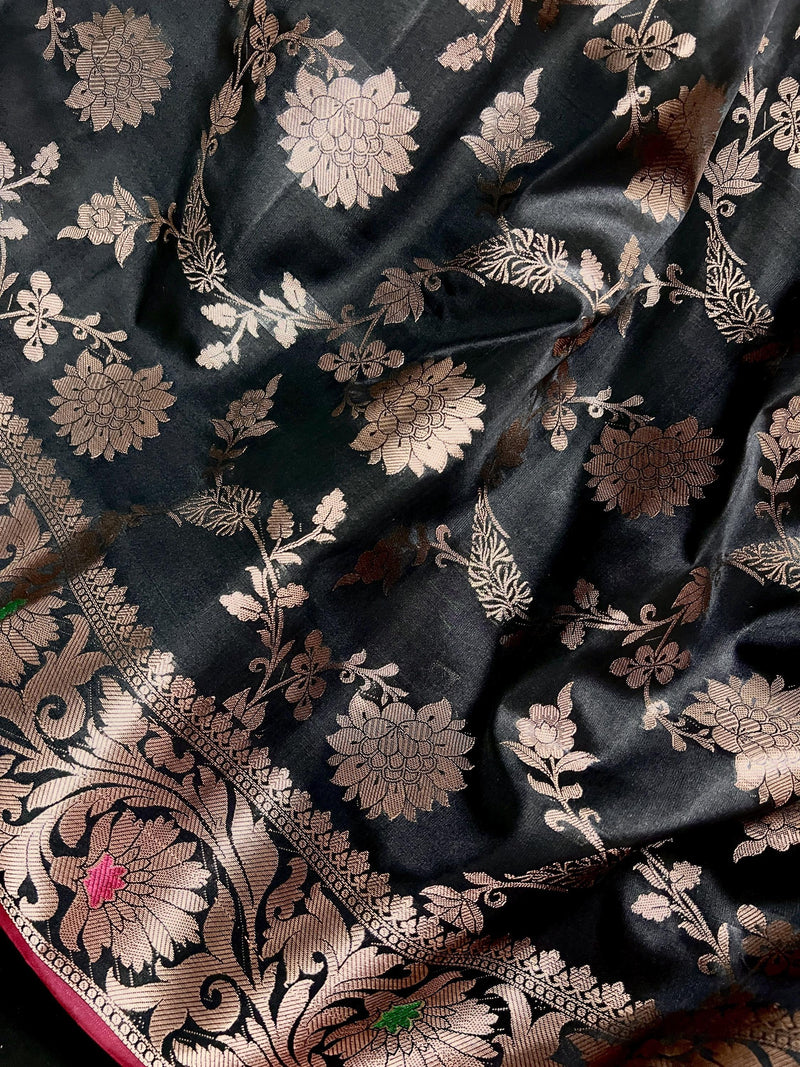 Statement Handmade Black Color Semi Katan Banarasi Silk Saree - Kaash