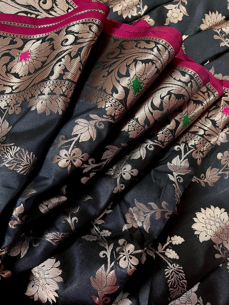 Statement Handmade Black Color Semi Katan Banarasi Silk Saree - Kaash