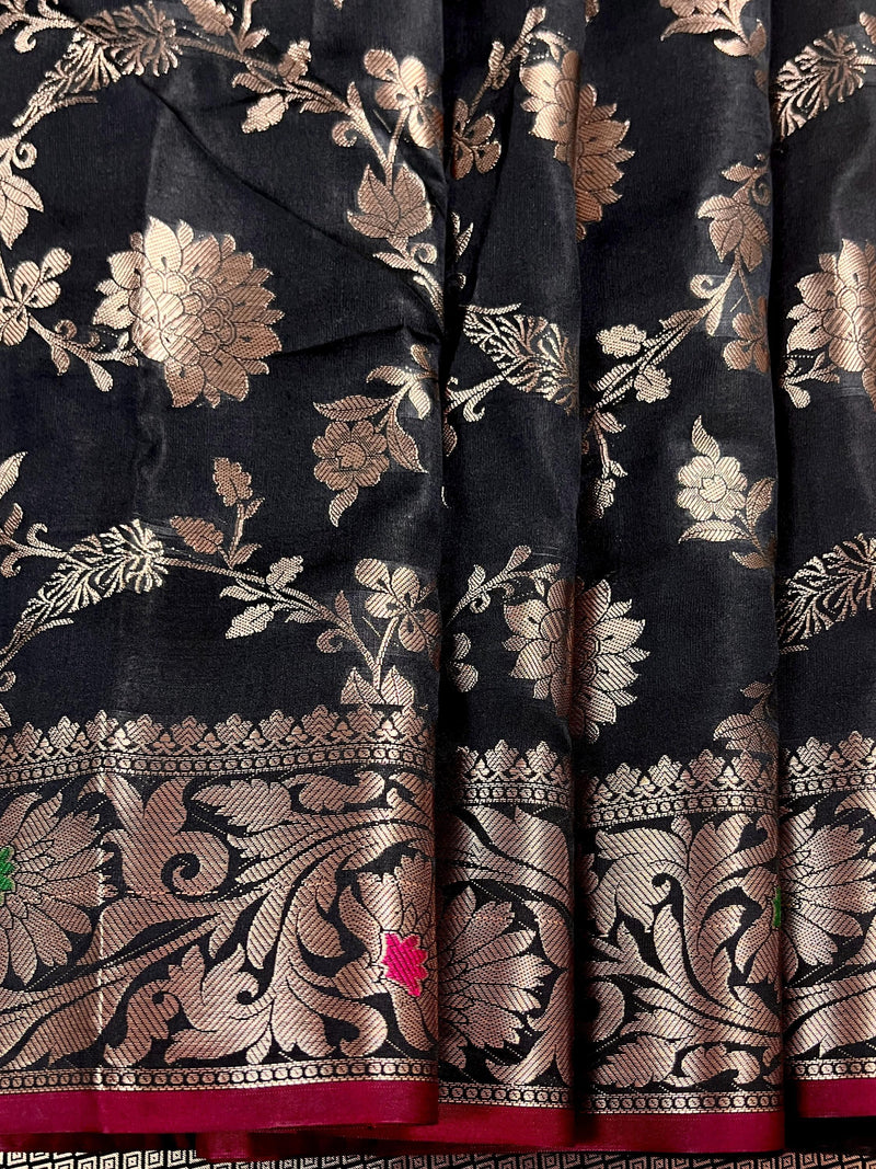 Statement Handmade Black Color Semi Katan Banarasi Silk Saree - Kaash