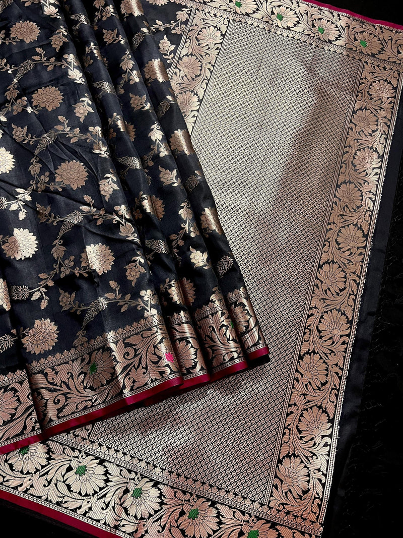 Statement Handmade Black Color Semi Katan Banarasi Silk Saree - Kaash